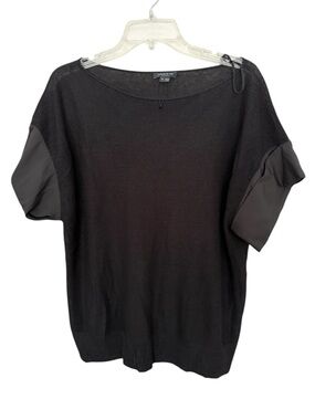 Lafayette 148 New York Black 100% Linen Knit Top with Contrast Cuffed Sleeve - M